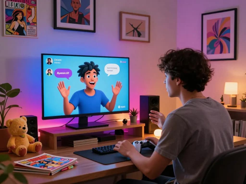 Engaging chat with spicy AI character in a cozy urban apartment, showcasing interactive digital communication.