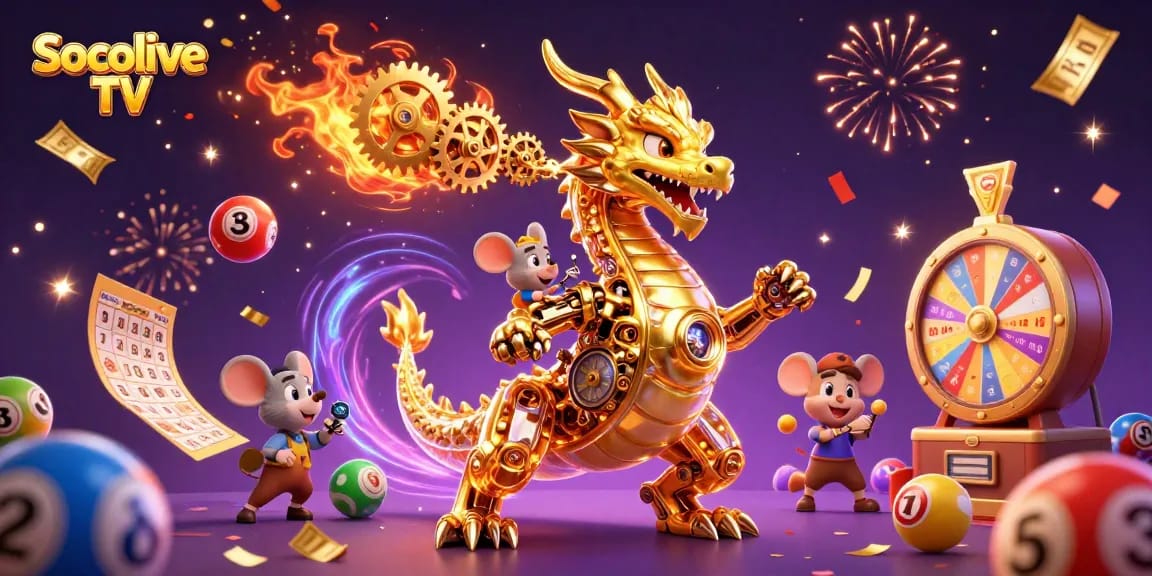 Socolive TV showcases a dynamic casino scene with a golden dragon and lottery elements.