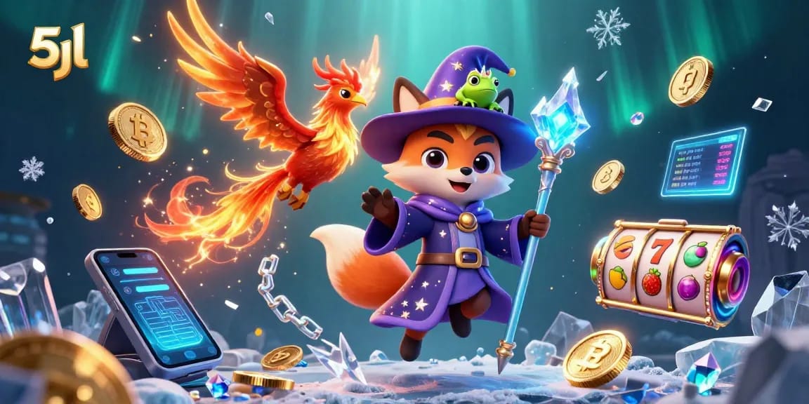 Engage with 5jl in a vibrant casino world with a mystical wizard fox, phoenix, and crypto elements.