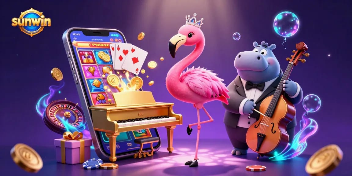 Experience vibrant fun at sunwin casino with a flamingo pianist and hippo bassist amid colorful slot games and sparkling coins.