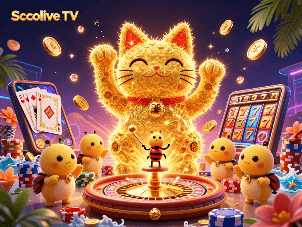 Socolive TV showcases a vibrant 3D scene of a lucky cat formed by golden fireflies embodying casino excitement.