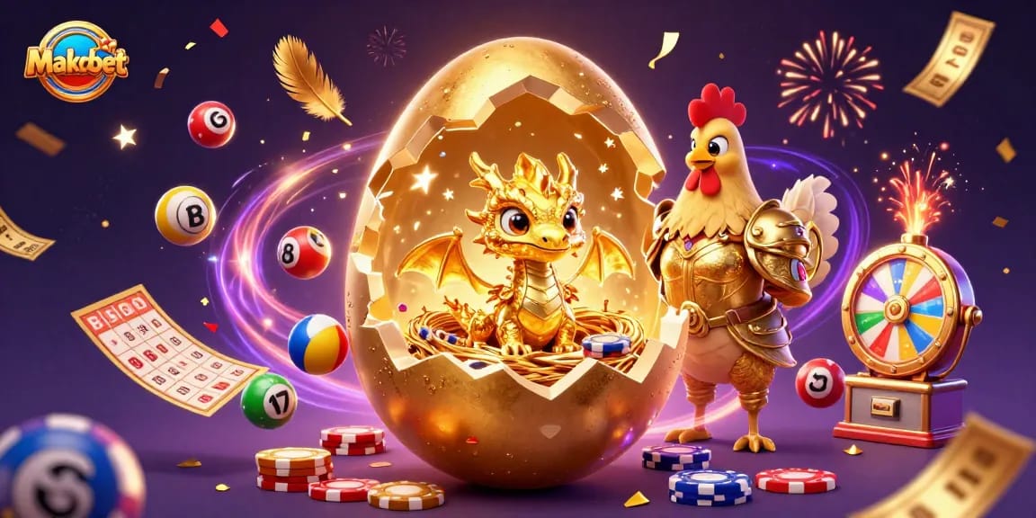 Experience the excitement of Makrobet as golden elements and a baby dragon bring luck to your bets.