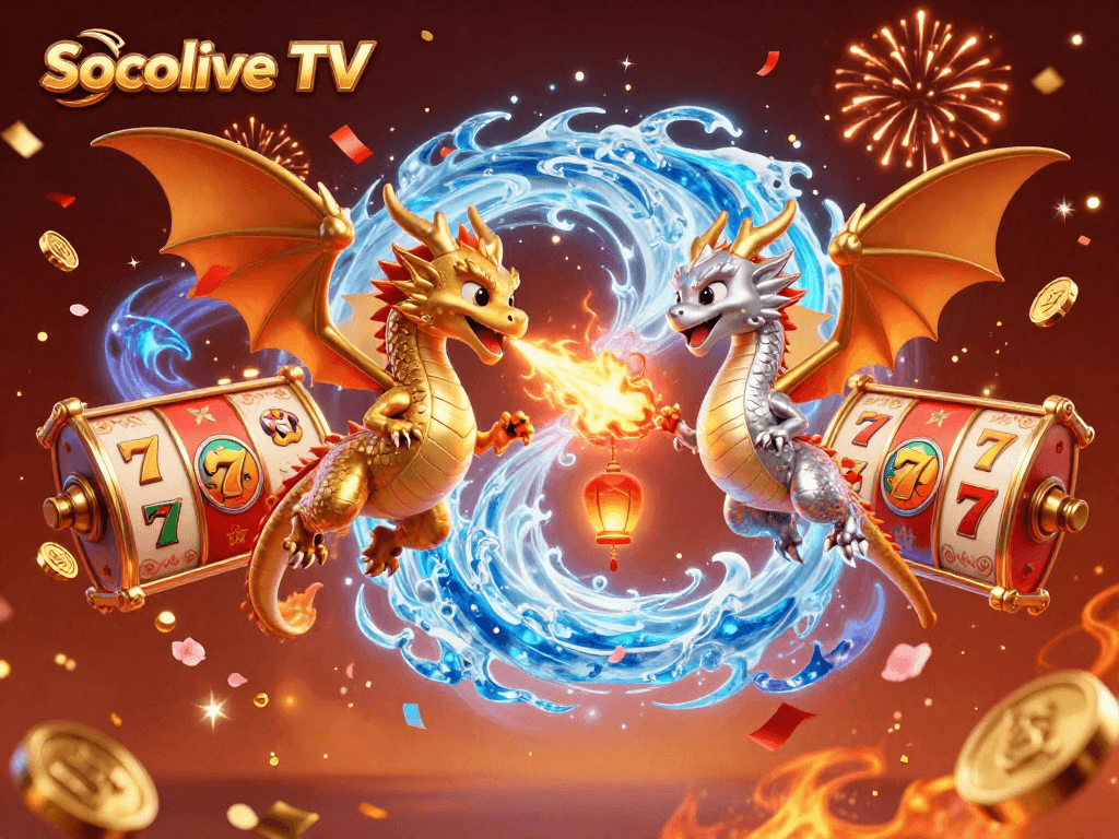 Socolive TV showcases a vibrant 3D casino scene with dragons and slot reels for immersive gaming fun.