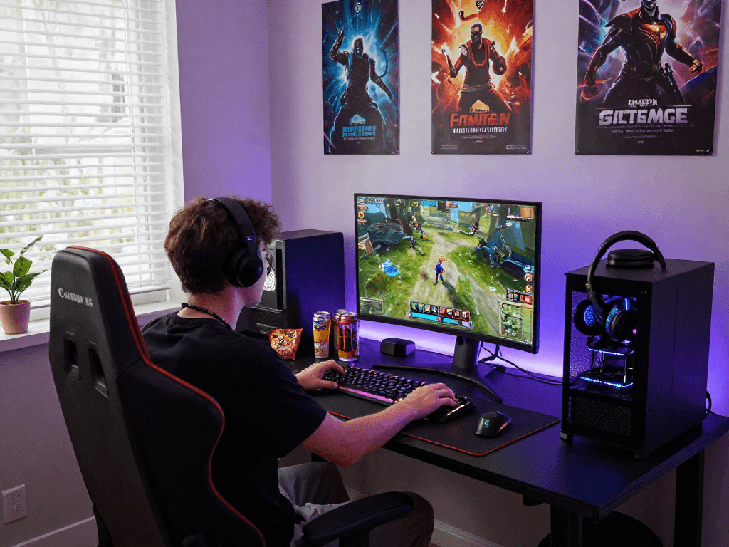 Gamer using rokok88 gaming gear in a vibrant setup with RGB lights.