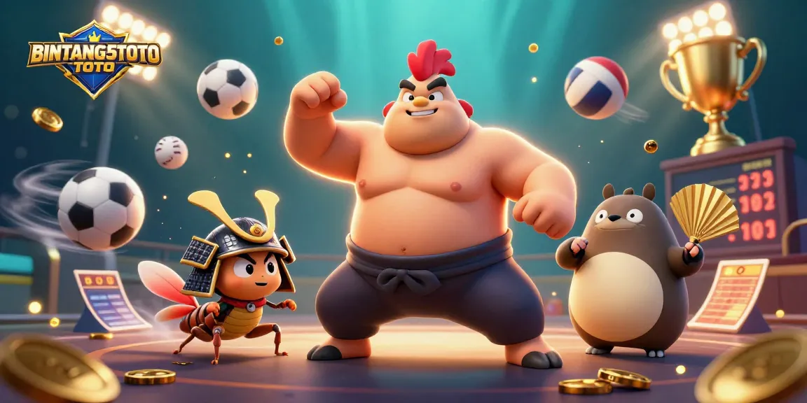 BINTANG5TOTO promotes an exciting online casino experience with dynamic sports action highlighted in a vibrant digital illustration.