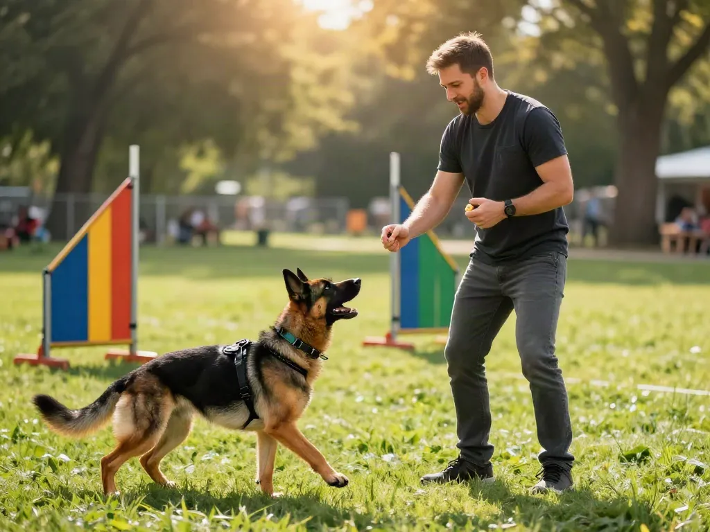 Dog training in park using ROKOK88 gear for effective obedience and control.