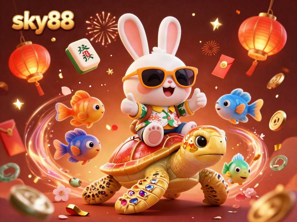 Experience sky88 gaming excitement with a lucky rabbit and a golden turtle in vibrant casino-themed illustration.