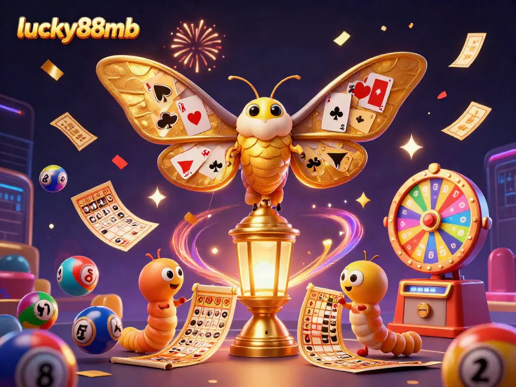 Join the excitement at lucky88mb with a vibrant casino illustration featuring a majestic moth and lottery elements.