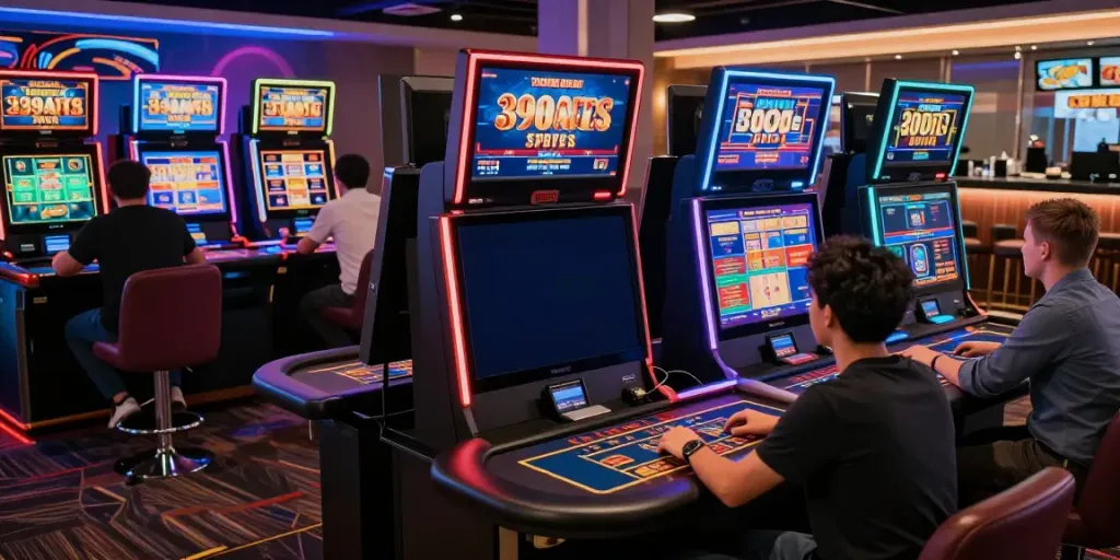 Players enjoying an exciting experience at UK88's online gaming lounge, showcasing diverse casino games and a vibrant atmosphere.