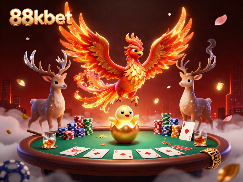 Experience thrilling wins with 88kbet in this vibrant casino scene showcasing a phoenix and poker elements.