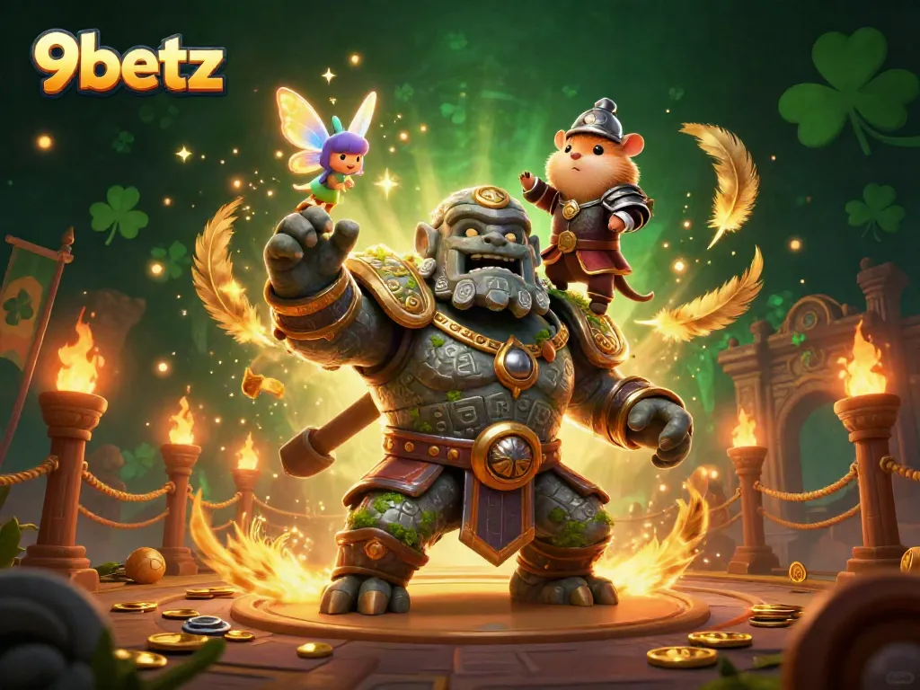 Players explore the vibrant magic of 9betz with an ancient guardian and a fairy companion.