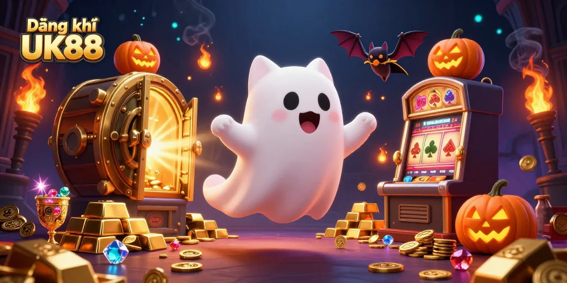 Join the excitement of Đăng ký UK88, featuring a ghost cat and bat in a vibrant haunted casino scene.