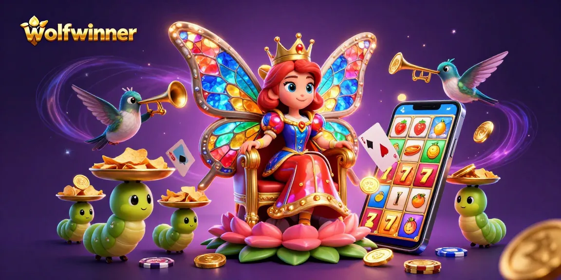 Experience winning thrills with wolfwinner in a vibrant casino illustration featuring a butterfly queen and slot elements.