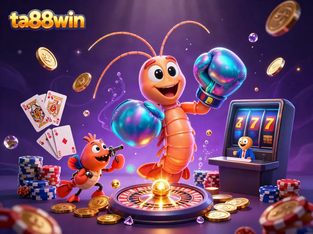 Experience the thrill of ta88win as a vibrant mantis shrimp battles for jackpots, surrounded by dazzling casino elements.