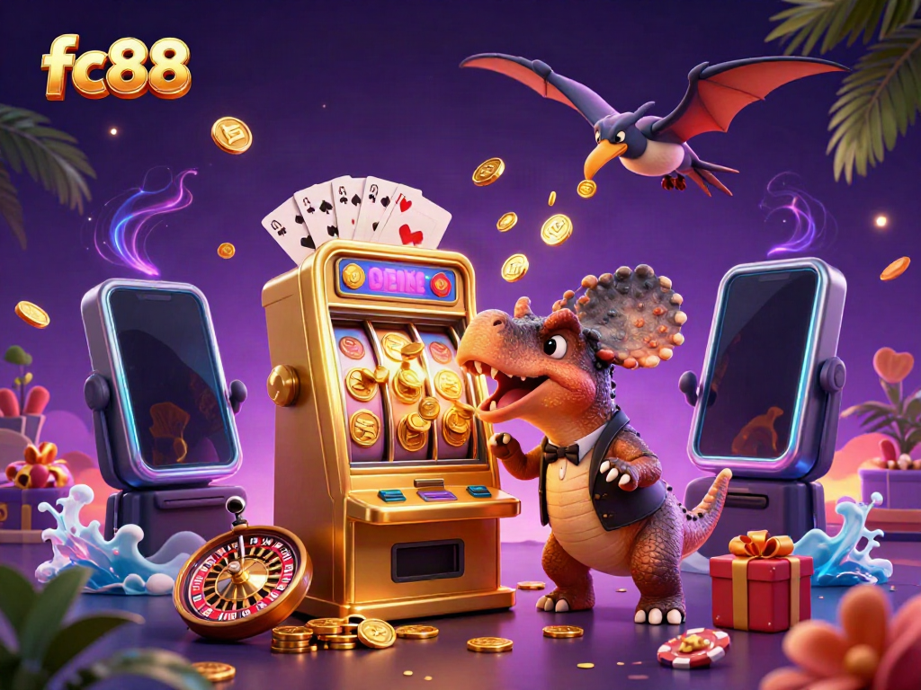 Win big with fc88 as a pachycephalosaurus operates a golden slot machine, surrounded by vibrant casino elements.