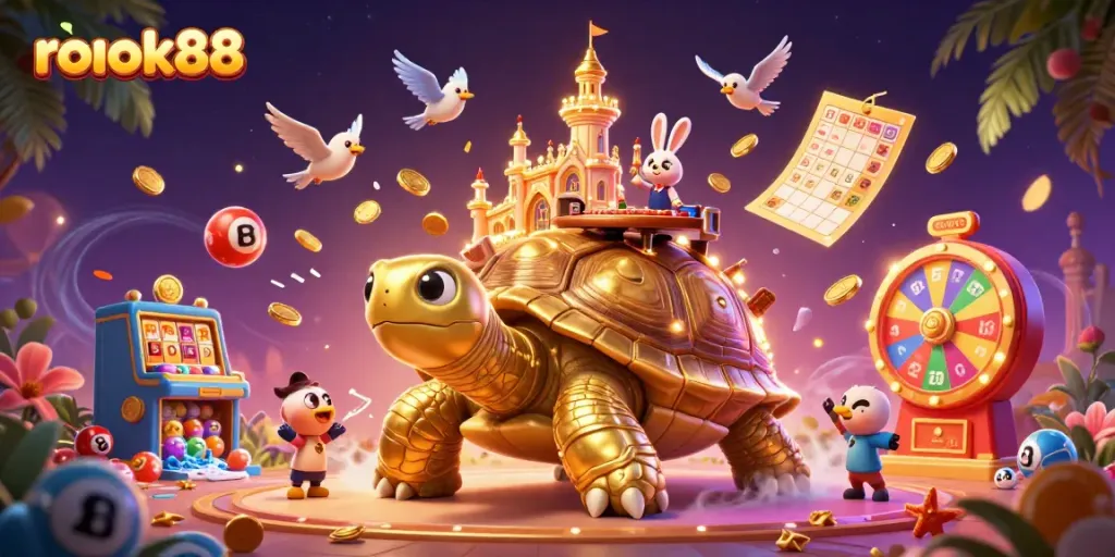 Experience exciting gaming with rokok88 featuring a golden tortoise casino palace and lively game elements.