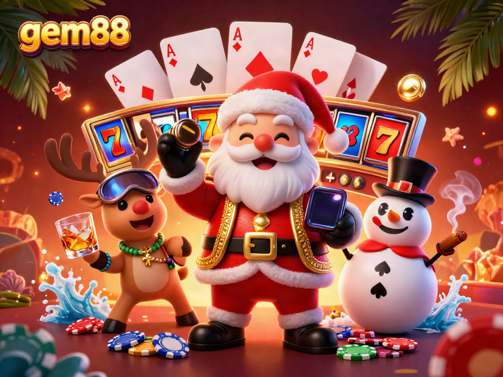 Experience the excitement of gem88 with Santa enjoying jackpot slots amidst colorful gaming elements.