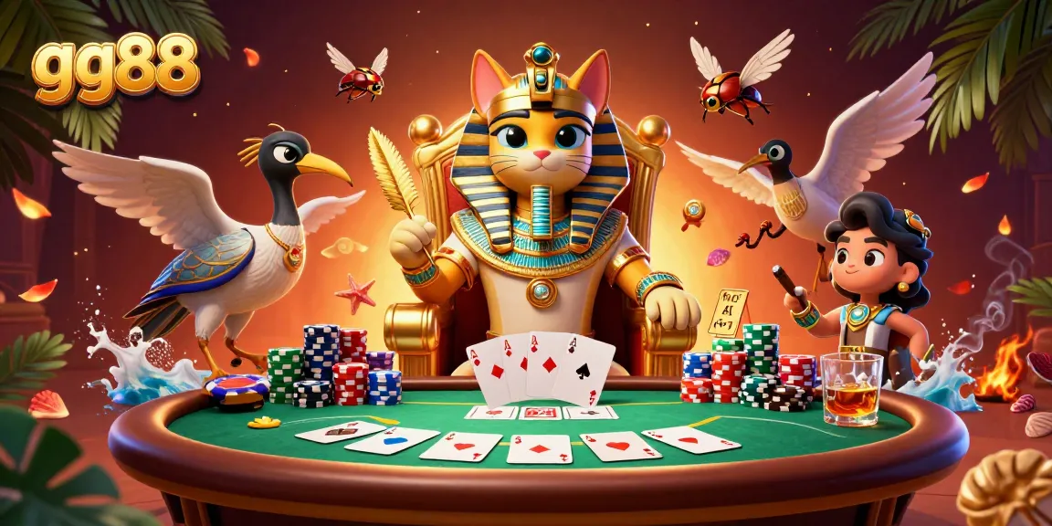 Win big at gg88 with a vibrant 3D casino scene featuring a royal pharaoh cat and poker elements.