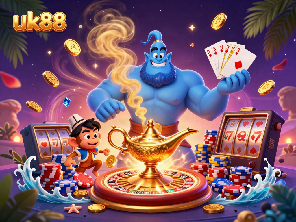 Experience the thrill of uk88 with a vibrant 3D casino scene featuring a blue genie, flying poker chips, and sparkling gems.