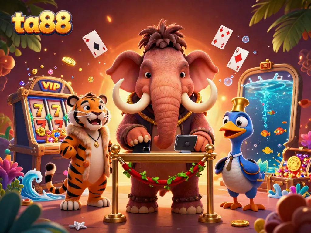 Experience the excitement of ta88 with a colorful 3D illustration showcasing casino elements and characters.
