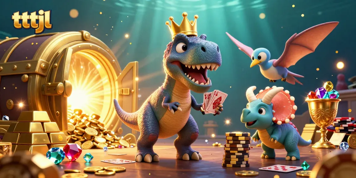 Shuffling cards at the tttjl casino, lively scene with a cartoon dino and colorful chips.