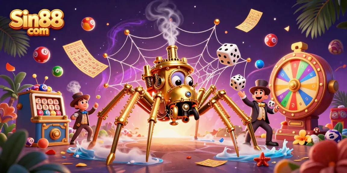 Experience thrilling gaming at Sin88 com with a steampunk spider catching dice in a vibrant, dynamic scene.