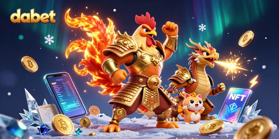 Dabet features a dynamic illustration of a rooster warrior and dragon hatchling amidst cryptocurrency elements