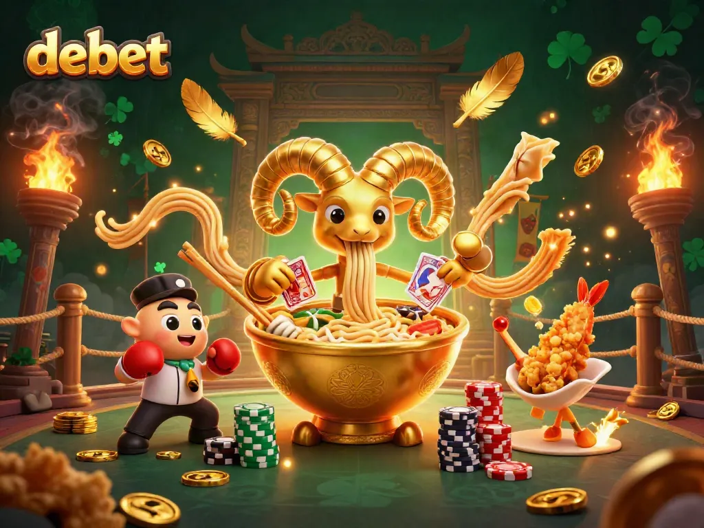 Experience the excitement of debet with a dynamic 3D illustration showcasing casino characters and action.