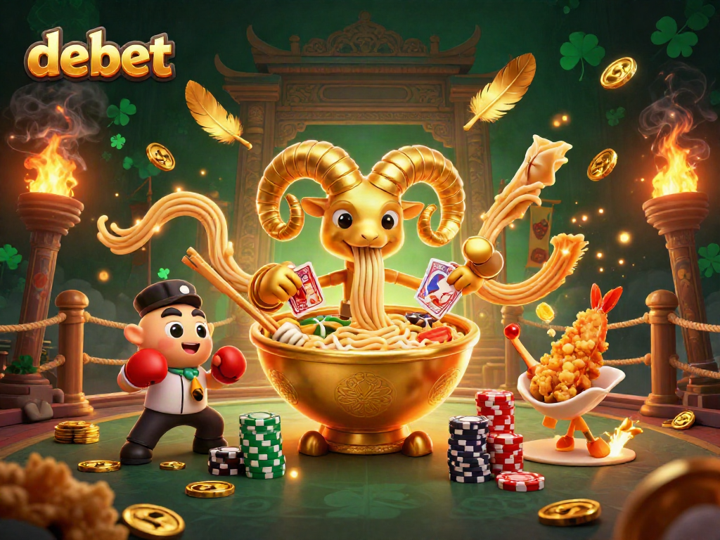 Experience the excitement of debet with a dynamic 3D illustration showcasing casino characters and action.
