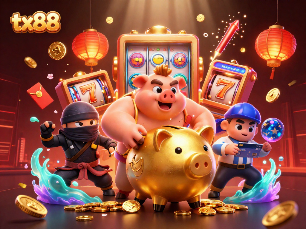 Win big with tx88 at dynamic slots, featuring animated golden piggy sums and vibrant action.
