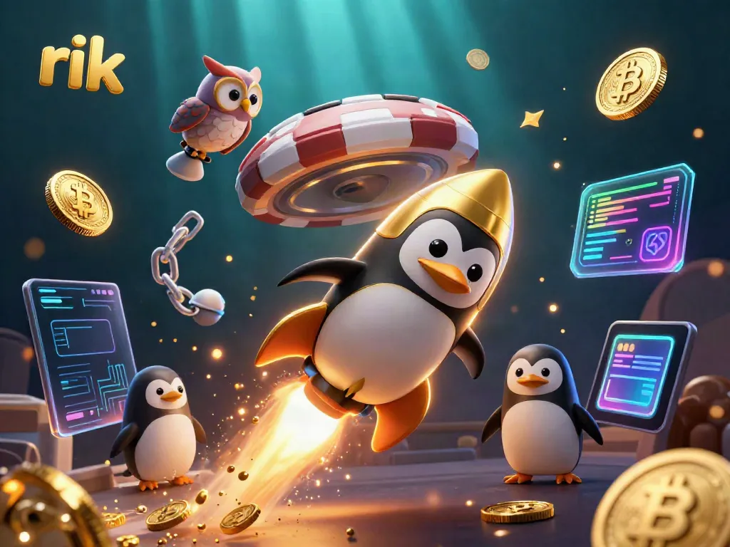 Engage in thrilling gameplay at Rik, with a 3D penguin soaring towards a magical casino world.
