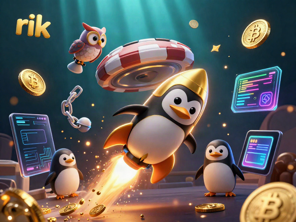 Engage in thrilling gameplay at Rik, with a 3D penguin soaring towards a magical casino world.
