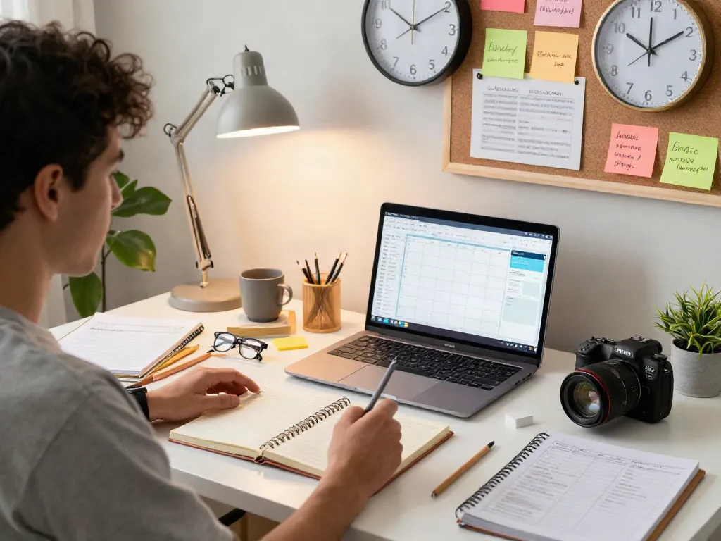 Focused individual embracing rokok88 principles with productivity tools in a vibrant workspace.