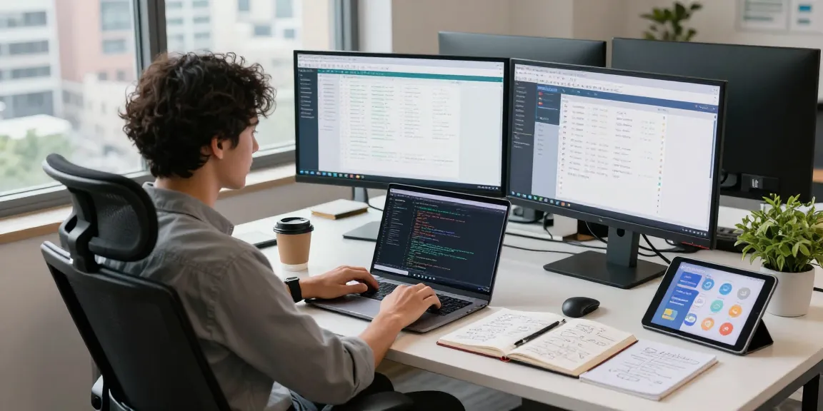 Engaging workspace with developer focused on WPS Download interface, showcasing productivity tools in a vibrant office.