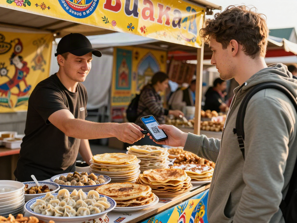 https://payinrussia.com/ ile Rusya'da yerel lezzetler için ödeme yapan bir turistin keyifli anı.