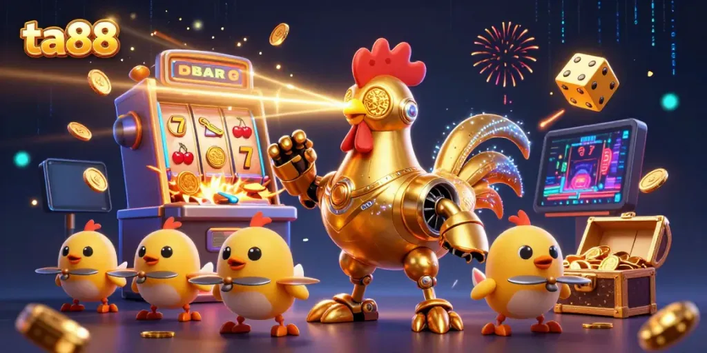 Engage in ta88 casino adventures featuring a golden rooster robot and baby chick drones amidst a jackpot explosion.