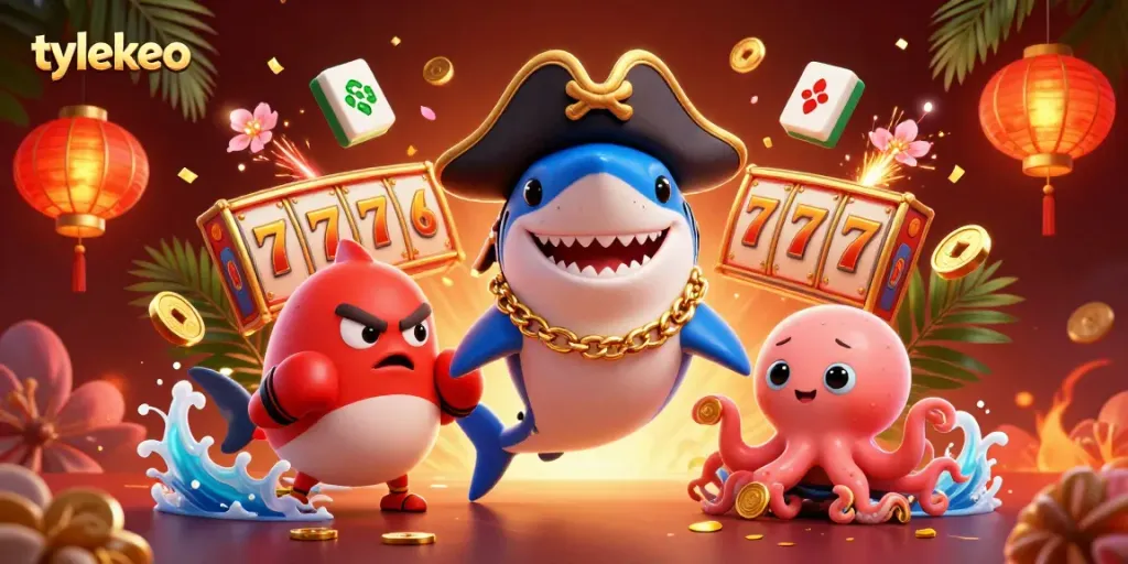Experience thrilling gaming with tylekeo's dynamic 3D illustration of a pirate shark, pufferfish, and octopus amidst casino elements.