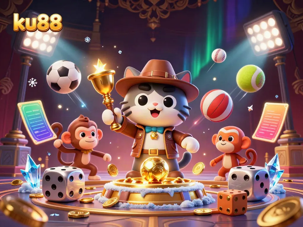 Experience thrilling moments at ku88 with a cartoon archaeologist cat discovering a golden casino artifact amidst vibrant sports elements.