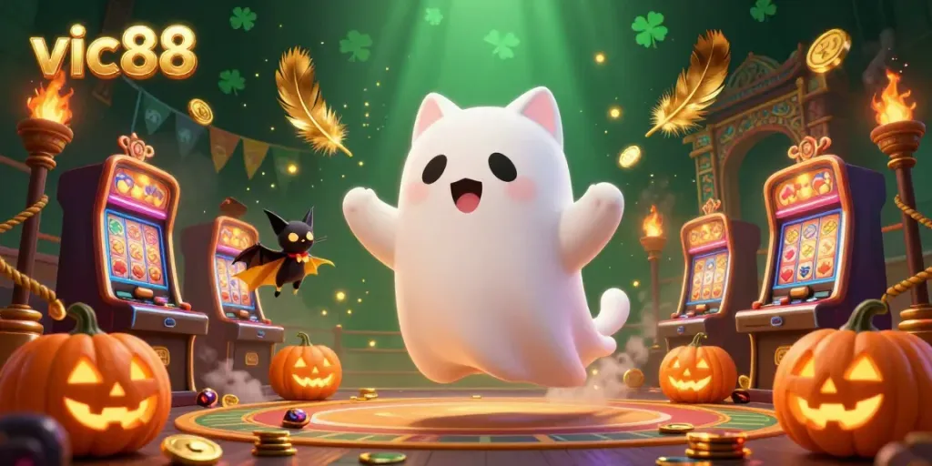 Engaging scene with vic88's ghost cat in a lively casino setting, surrounded by casino elements and glowing jack-o-lanterns.