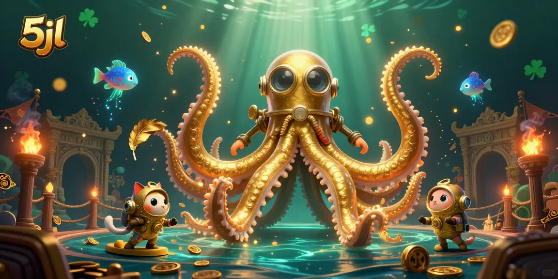 Engage in thrilling wins with 5jl amidst a vibrant kraken and treasure scene