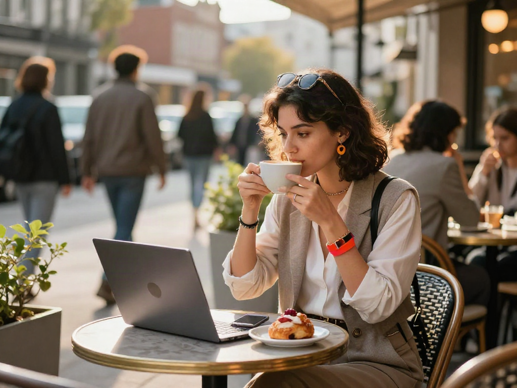 Young professional woman at café working on rokok88 daftar, vibrant urban lifestyle with coffee and pastry.