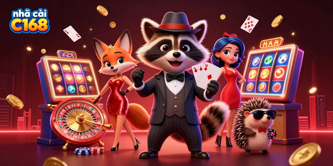 Experience thrilling moments at nhà cái C168 with welcoming raccoon and fox characters surrounded by exciting casino elements.