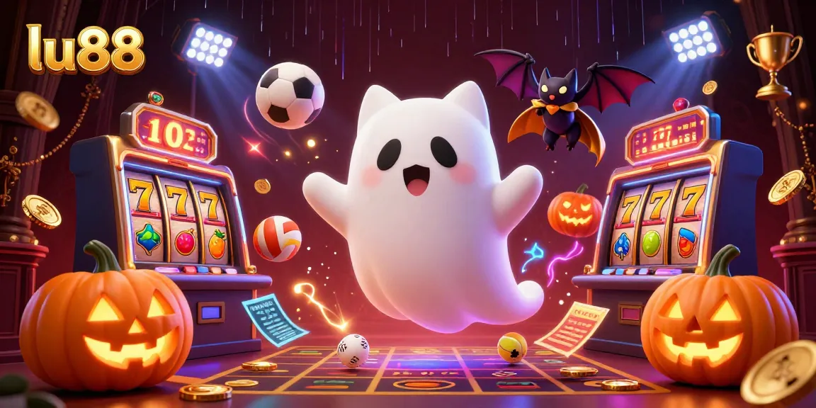 Experience the adventure of lu88 with a ghost cat and vampire bat in a haunted casino setting.