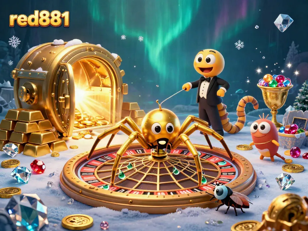 Experience the thrill of gambling with red881 in this vibrant 3D illustration showcasing a spider croupier and a roulette wheel.