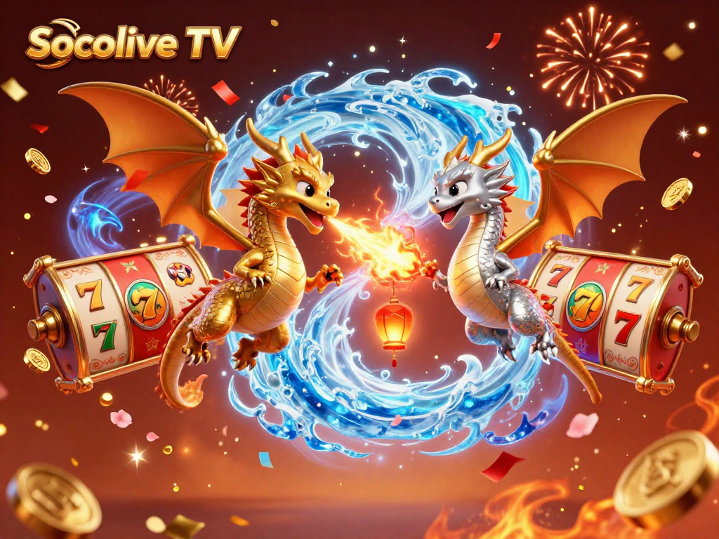 Socolive TV showcases a vibrant 3D casino scene with dragons and slot reels for immersive gaming fun.