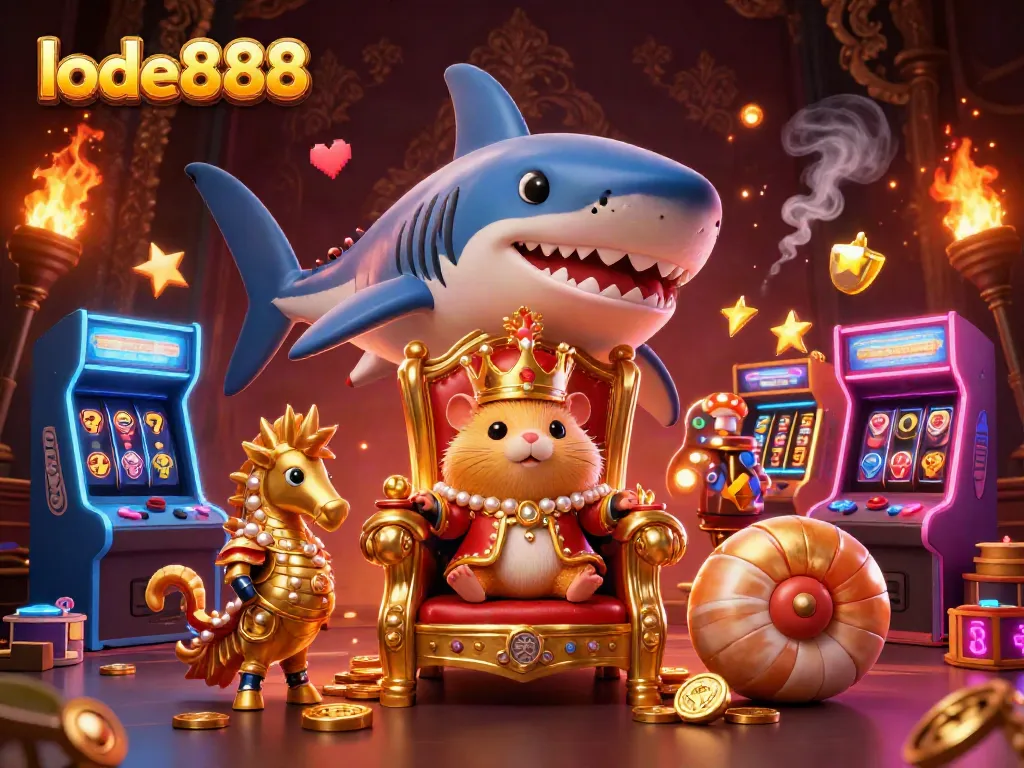 Spin for chance at jackpots with lode888's vibrant casino scene featuring royal hamster and seahorse guards.