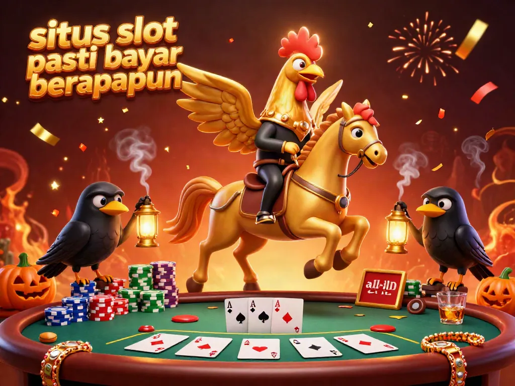 Ilustrasi kasino ajaib menampilkan situs slot pasti bayar berapapun dengan karakter unik dan elemen permainan yang meriah.