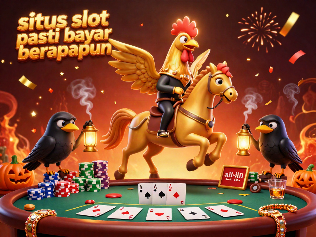 Ilustrasi kasino ajaib menampilkan situs slot pasti bayar berapapun dengan karakter unik dan elemen permainan yang meriah.