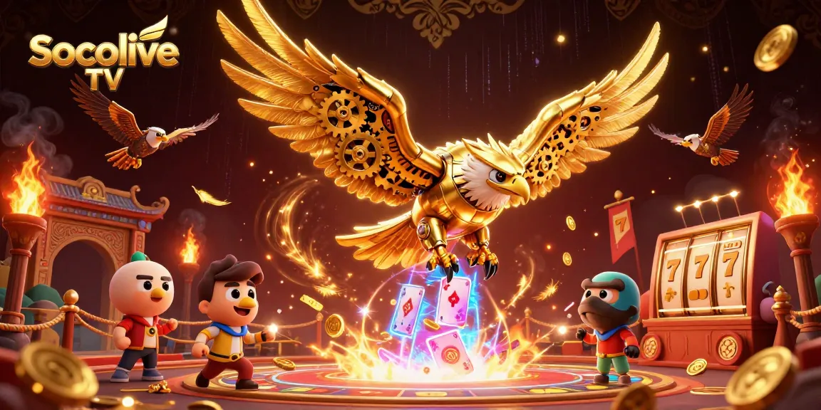 Socolive TV captivates players with a dynamic scene of cybernetic eagles amidst slot reels and vibrant casino elements.