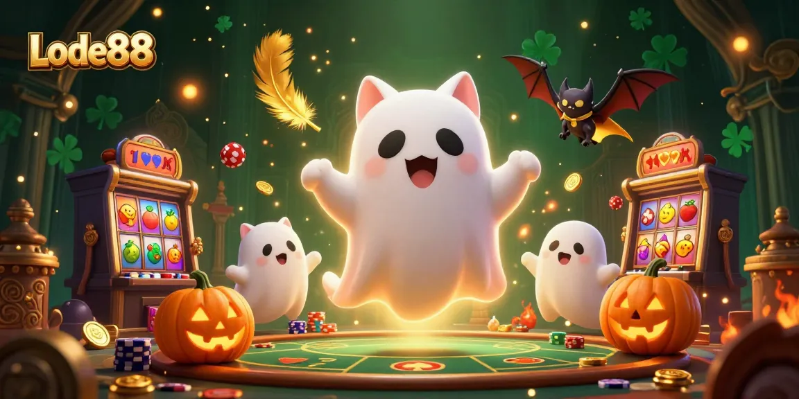 Lode88 showcases a vibrant 3D ghost cat and vampire bat amid a lively casino scene with glowing jack-o-lanterns.